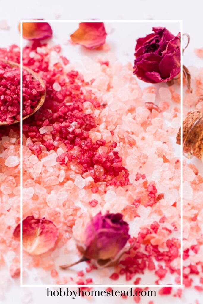 bath salt mixture with dried rose petals