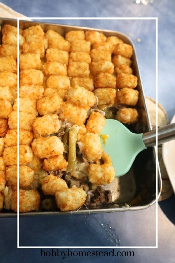 Casserole Dish of Hamburger Tater Tot Casserole