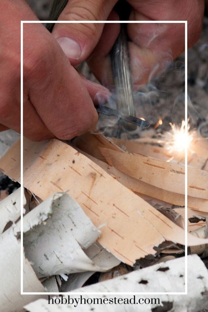 Fire starting using birch bark and flint