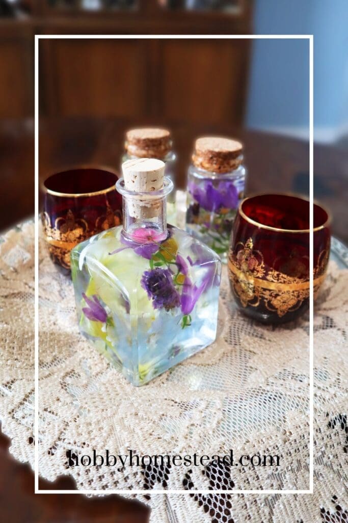 Freshly preserved flowers in bottles displayed