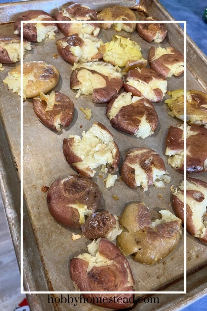 Smashed Potatoes on Baking Sheet Ready for Baking