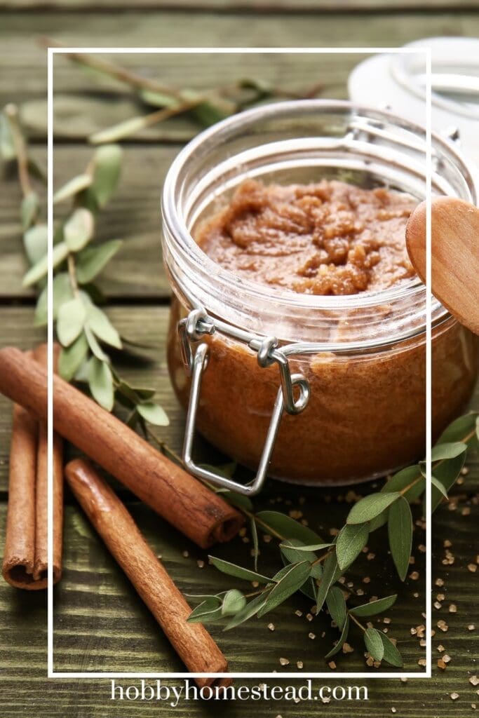 jar of homemade sugar scrub with cinnamon and allspice