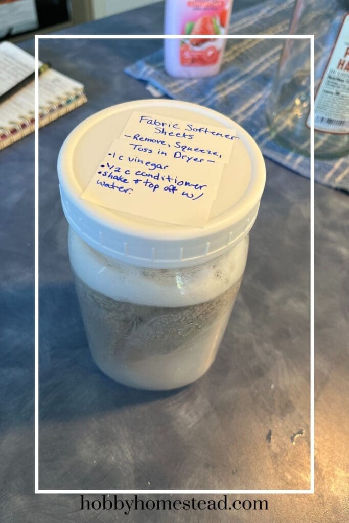 Homemade Dryer Sheets with labeled jar cover