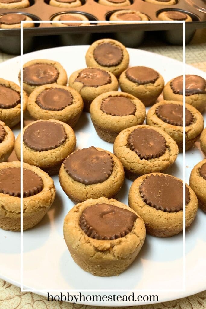 Plate of peanut butter cookies stuffed with peanut butter cups