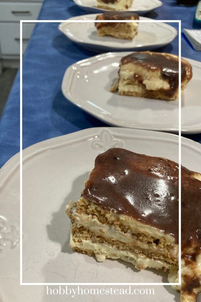 Serving eclaire dessert