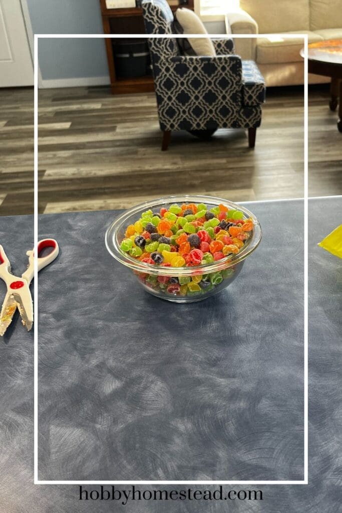 bowl of cut up fruit flavored gumdrops