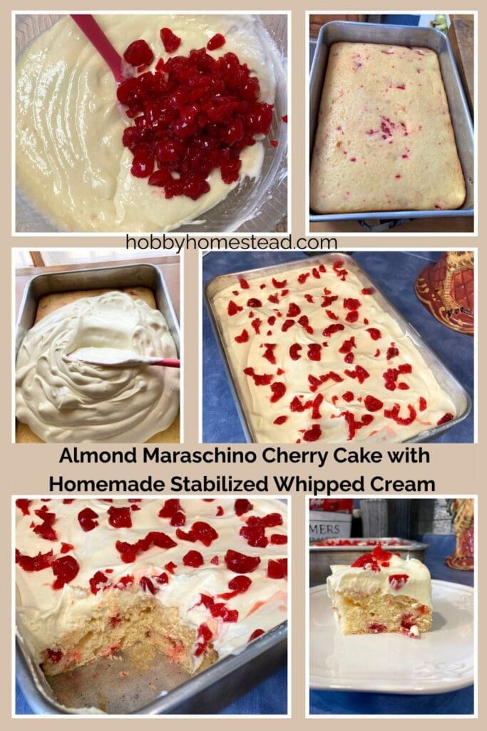 Almond Maraschino Cherry Cake with Homemade Stabilized Whipped Cream